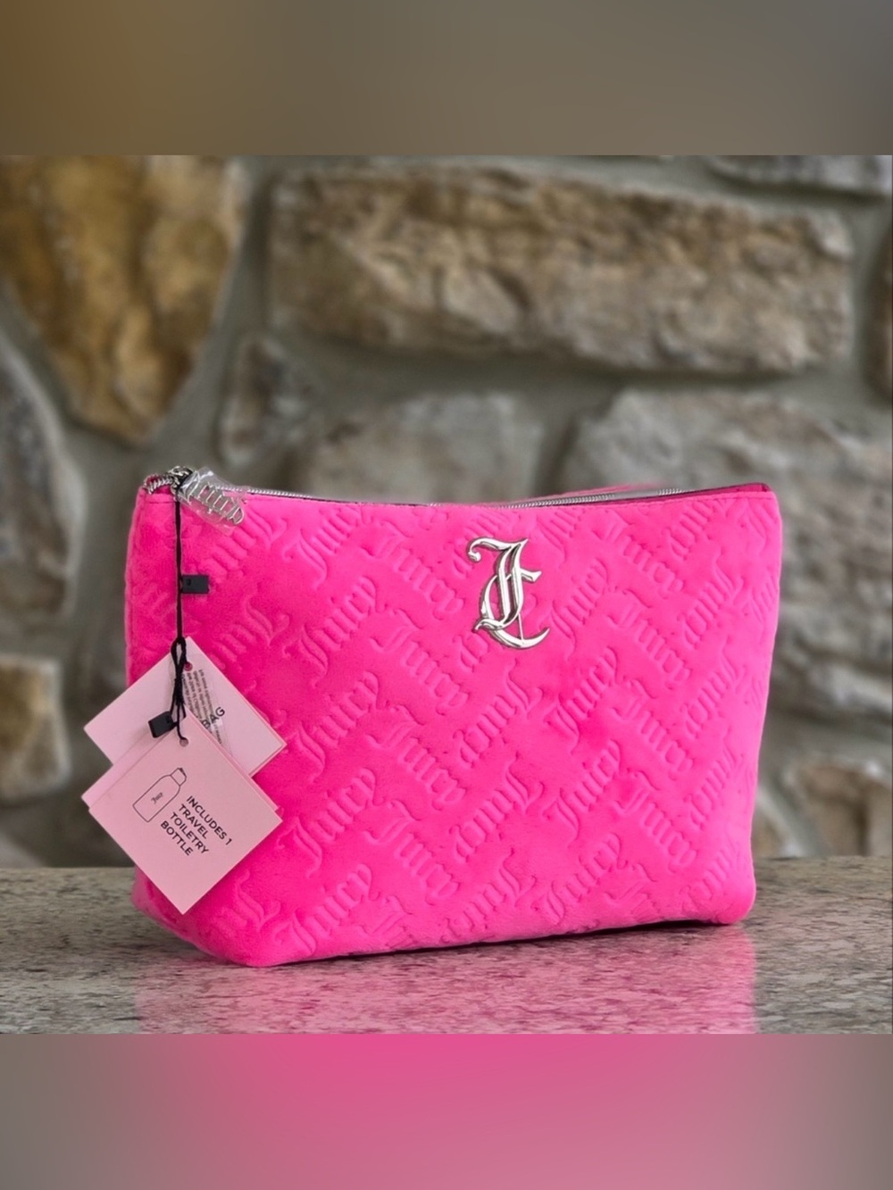 Juicy Couture Hot Pink Velour Cosmetic Makeup Bag Travel Pouch JC Logo NWT